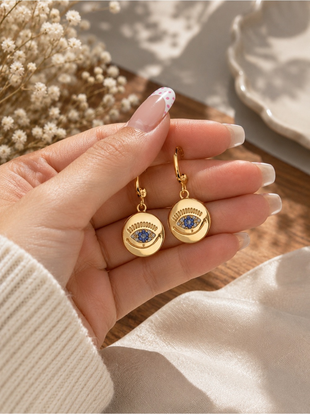 Gold Evil Eye Drop Earrings with Blue Accents
